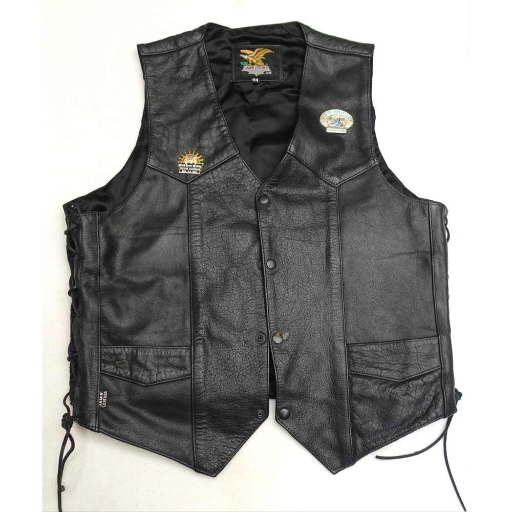Jamin Leather Vest Mens 44 Black Biker Snap Front Laced Sides Lined Pockets